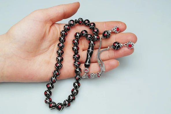 Oltu Taşı Üçlü Çeşmi Bülbül Kırmızı İşlemeli Tespih - Resim 3