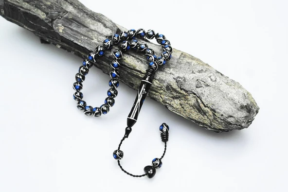 Oltu Taşı Bürokrat Boy Üçlü Çeşmi Bülbül Mavi İşlemeli Tespih - 2