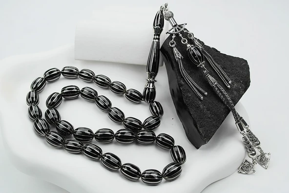 Oltu Taşı Beyzi Model On İkili Karpuz  Nakkaş İmame İşlemeli Tespih - 10