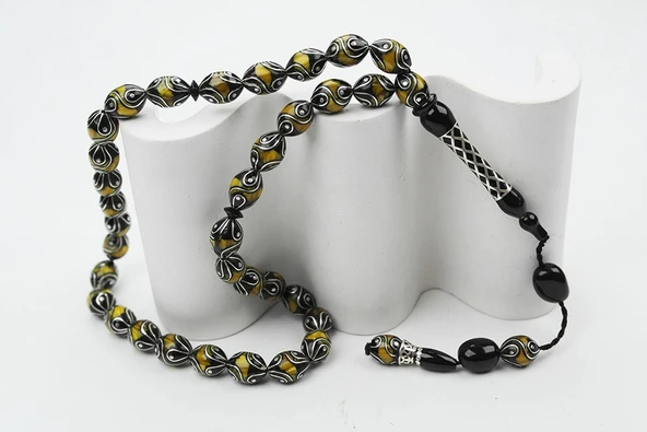 Oltu Taşı ve Sarı Galalith Çeşmi Damla İşleme Tespih - Resim 8