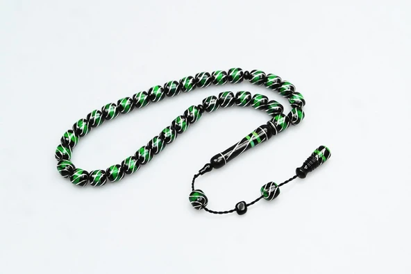 Oltu Taşı ve Yeşil Galalith Çeşmi Bülbül İşlemeli Tespih - 4