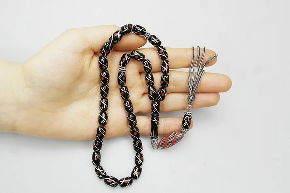 Oltu Taşı Kapsül Kesim Çeşmi Kırmızı İşleme Tespih - 6