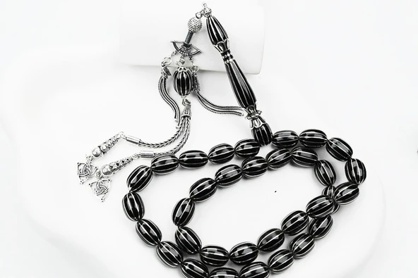 Oltu Taşı Beyzi Model On İkili Karpuz  Nakkaş İmame İşlemeli Tespih - 7