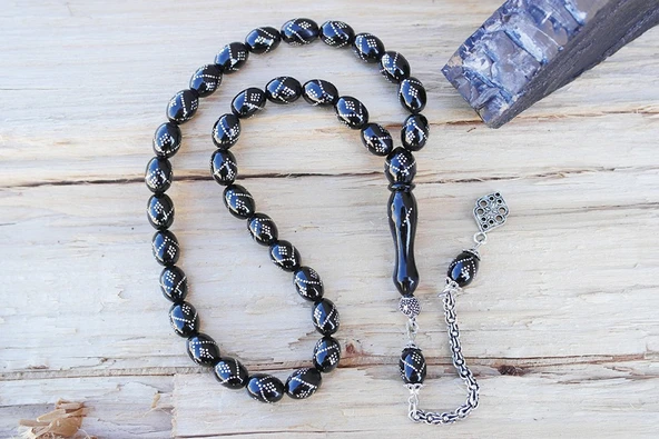 Oltu Taşı Beyzi Model Tek Zikzak Baklava İşlemeli Tespih - Resim 7