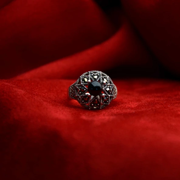 Yıldız Desenli  Oltu Taşı Kaşlı  Kadın Yüzük - 5