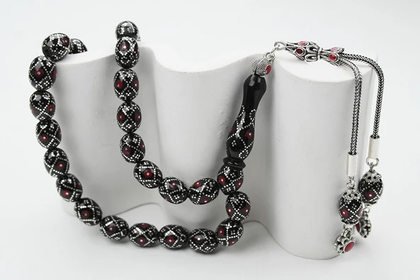 Oltu Taşı  Beyzi Fiyonk Kırmızı İşlemeli Tespih - Resim 3