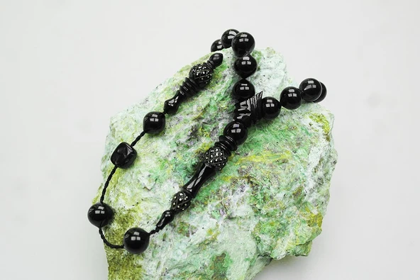 Oltu Taşı Kareli Oyma Nakkaş  İmameli  Sade Tespih - Resim 3