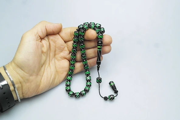 Oltu Taşı ve Yeşil Galalith Çeşmi Bülbül İşlemeli Tespih - 3