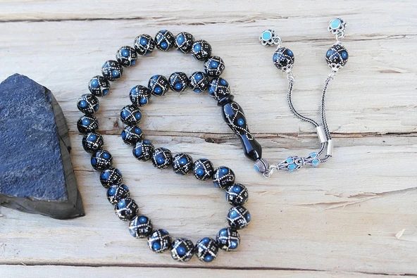 Oltu Taşı Küre Fiyonk Mavi İşlemeli Tespih - 6