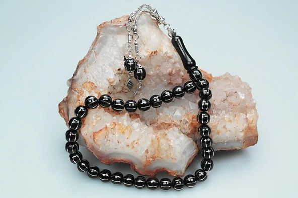 Karpuz Dilimi Sekizli Alpaka İşlemeli Oltu Sıkması Tespih - 9