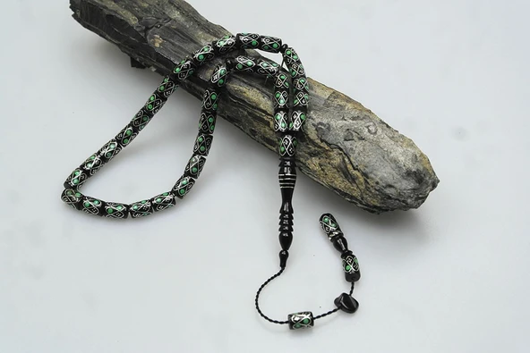 Oltu Taşı Yeşil Örgü İşlemeli Tespih - Resim 6