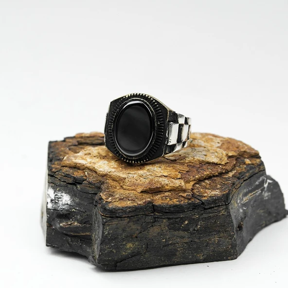 Kordon Desenli Opsidyen Taşlı Gümüş Model Erkek Yüzük - 6