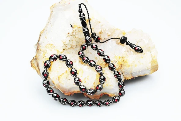 Oltu Taşı Beyzi Model Çeşmi Kırmızı İşleme Tespih - 6