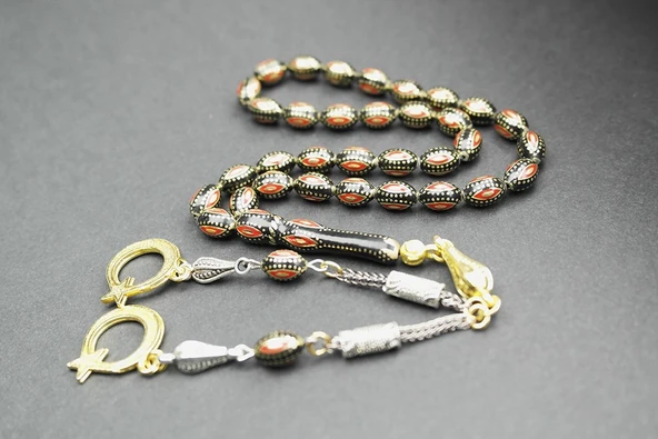 Arpa Model Kırmızı Mine İşlemeli Pirinç Kafes Tespih - 11