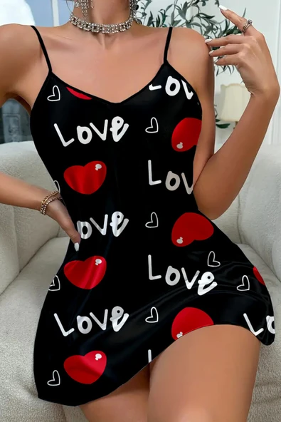 Love Desenli Saten Gecelik - 4