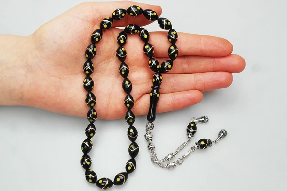 Tek Zikzak Pirinç Sarı İşleme Tespih - Resim 3