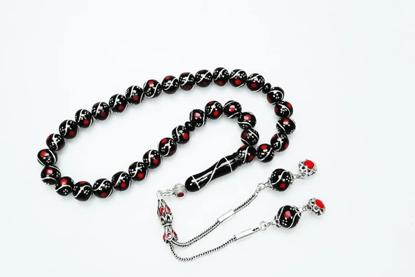 Oltu Taşı Üçlü Çeşmi Bülbül Kırmızı İşlemeli Tespih - Resim 4