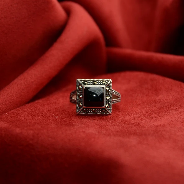 Oltu Taşı Kaşlı Kare Model Kadın Yüzük - Resim 5