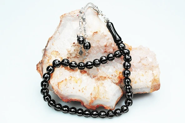 Karpuz Dilimi Sekizli Alpaka İşlemeli Oltu Sıkması Tespih - 5