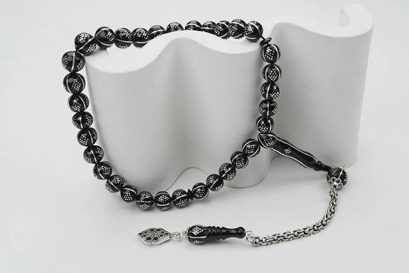 Oltu Taşı Küre Karpuz Baklava Bilek Boy İşlemeli Tespih - Resim 8