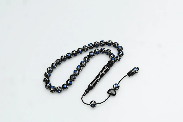 Oltu Taşı Bürokrat Boy Üçlü Çeşmi Bülbül Mavi İşlemeli Tespih