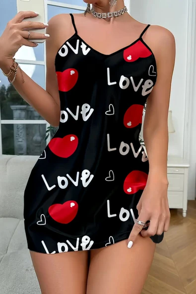Love Desenli Saten Gecelik