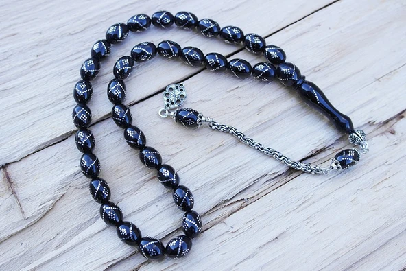 Oltu Taşı Beyzi Model Tek Zikzak Baklava İşlemeli Tespih - Resim 6