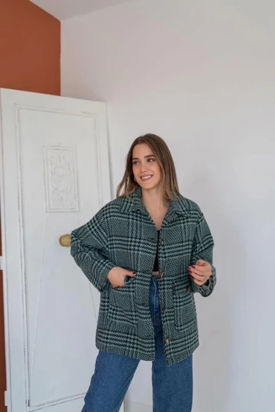 Mint Düğmeli Ekoseli Kaban