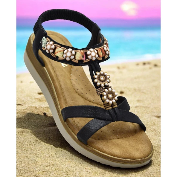 5627 Rahat Ortopedik Taban Taşlı Kadın Sandalet Günlük Sandalet - 6