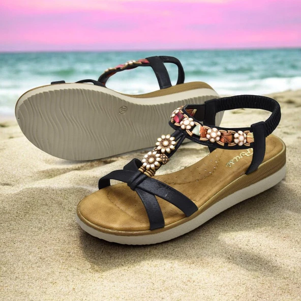 5627 Rahat Ortopedik Taban Taşlı Kadın Sandalet Günlük Sandalet - 9