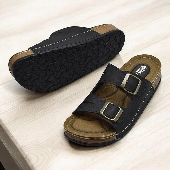 370 Rahat Ortopedik Taban Günlük Kadın Terlik Çift Toka Kadın Terlik - 3