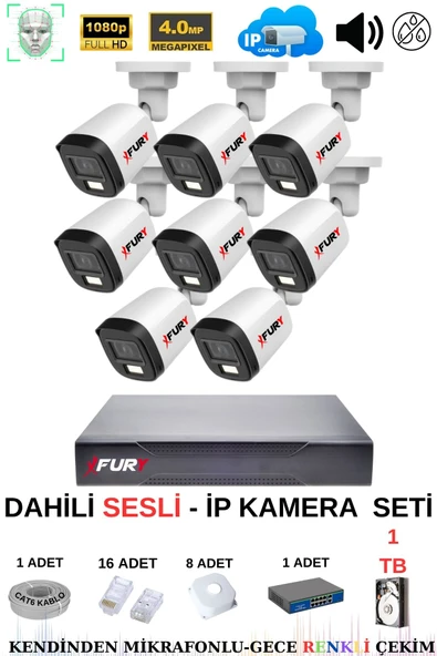 FURY Ip Güvenlik Kamera Seti 8 Kameralı Sesli 4mp Gece Renkli Su Geçirmez Ip5515s 1tb - 2