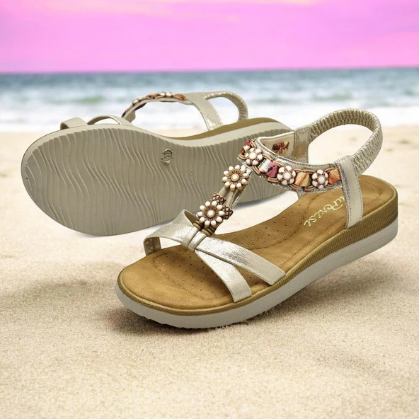 5627 Rahat Ortopedik Taban Taşlı Kadın Sandalet Günlük Sandalet - 4