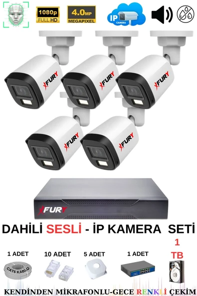 FURY Ip Güvenlik Kamera Seti 5 Kameralı Sesli 4mp Gece Renkli Su Geçirmez Ip5515s 1tb - 2