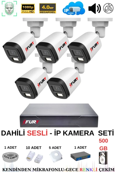 FURY Ip Güvenlik Kamera Seti 5 Kameralı Sesli 4mp Gece Renkli Su Geçirmez Ip5515s 500gb - 2