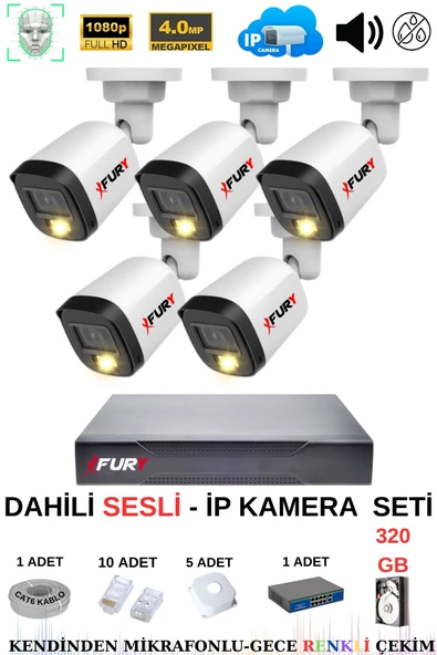 FURY Ip Güvenlik Kamera Seti 5 Kameralı Sesli 4mp Gece Renkli Su Geçirmez Ip5515s 320gb