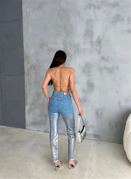 DİZ YIRTIK VARAKLI MOM KOT PANTOLON - Gümüş - 4