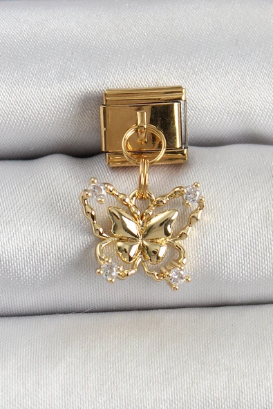 316L Çelik Sallantılı Zirkon Taşlı Kelebek Model Gold Renk Nomination Charm - TJ-BC1408