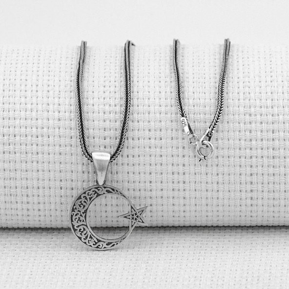 Ayyıldız Tasarımlı Desenli 925 Ayar Gümüş Erkek Kolye - 2