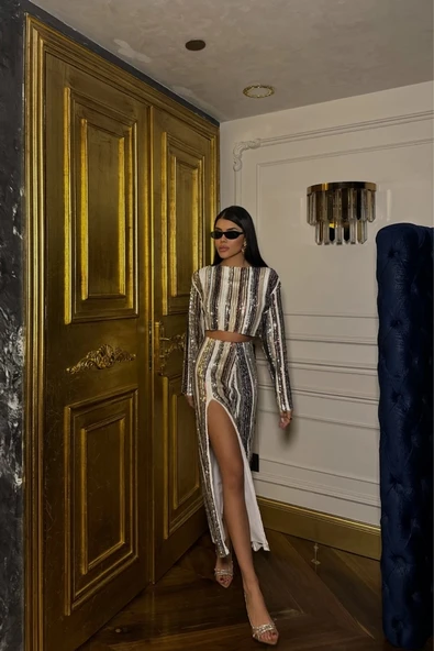 ŞERİT PAYET CROP BLUZ - YIRTMAÇLI ETEK TAKIM - Siyah - 3