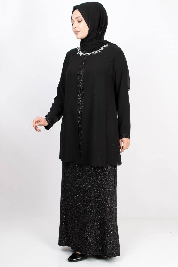 Yaka Detaylı Abiye Elbise Siyah MDA2110