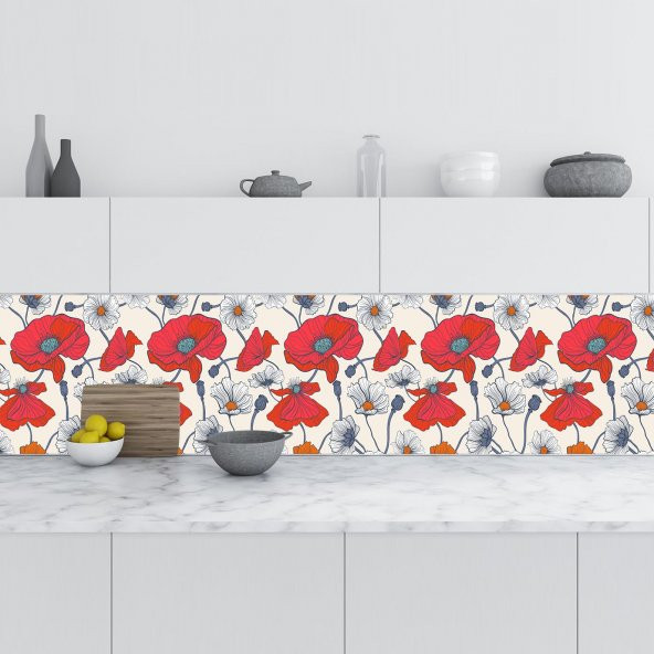 Mutfak Tezgah Arası Folyo Fayans Kaplama Folyosu Kırmızı Çiçek Çizim