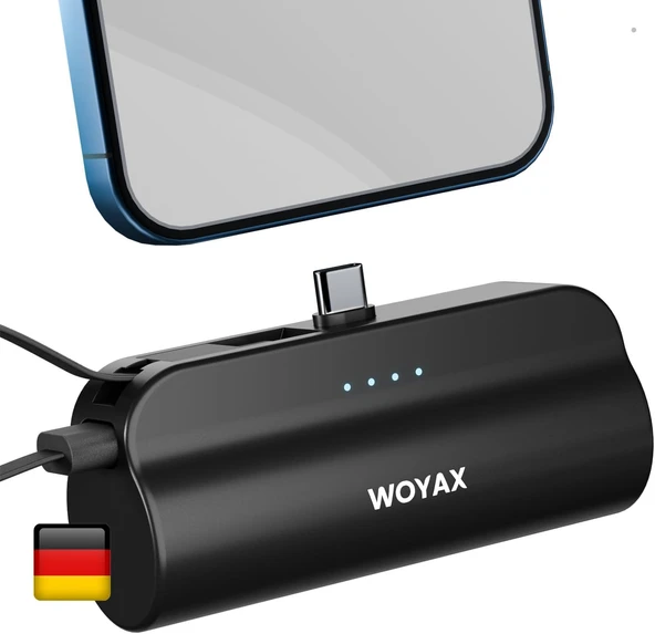 Woyax Type-C Soketli Mini Powerbank 5000mAh 2 Type-C Port Dahili Kablolu Taşınabilir Şarj Cihazı (Siyah)