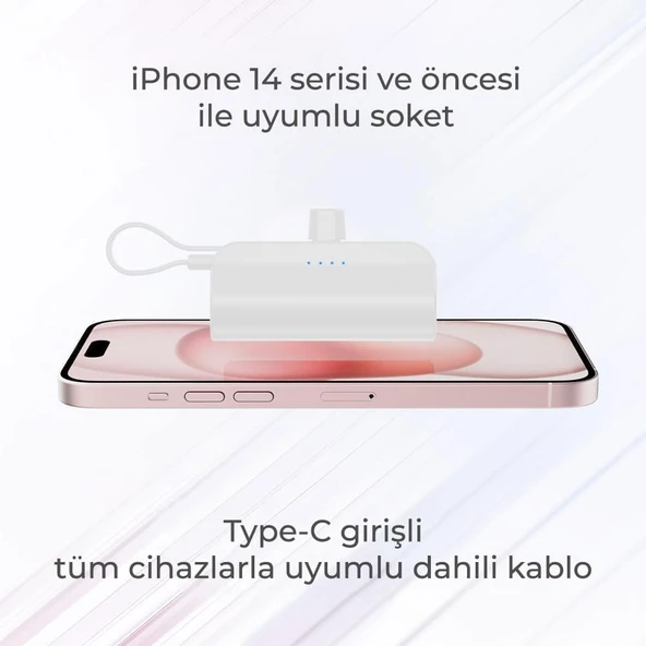 Woyax iPhone Lightning Soketli Mini Powerbank 5000mAh Type-C Dahili Kablolu Taşınabilir Şarj Cihazı Beyaz - Resim 2