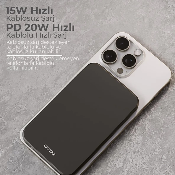 Woyax By Deji Magsafe Uyumlu Powerbank 5000 Mah 20w Hızlı Taşınabilir Batarya iPhone 12 13 14 15 16 Pro Max Mini - SİYAH - 2