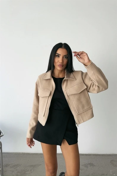 KAŞE CROP CEKET ÖNDEN FERMUARLI - Bej - 2
