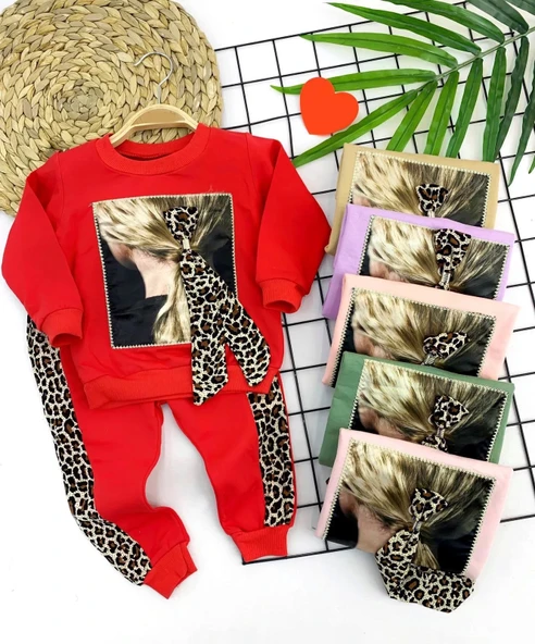 3-4-5-6 Yaş Lepoar Tokalı Leopar Şerit 2li Kız Çocuk Takımı Pudra ürün görseli