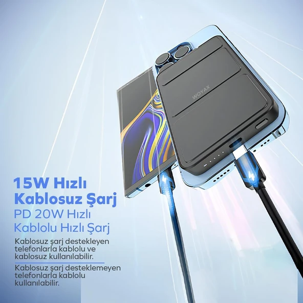 Woyax By Deji Magsafe Powerbank 10000mah Standlı Hızlı Taşınabilir Batarya iPhone 12 13 14 15 16 Android - SİYAH - Resim 4
