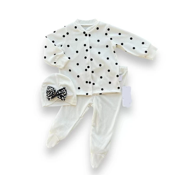 3-6-9-12 Ay Puantiyeli Şapkalı Çıtçıt Kapamalı Patikli 3lü Kız Bebek Takımı Beyaz ürün görseli