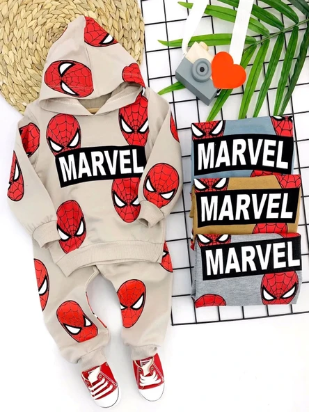 9-12-18-24 Ay Kapşonlu Örümcek Adam Baskılı Uzun Kollu 3lü Kız Erkek Bebek Takımı Hardal ürün görseli